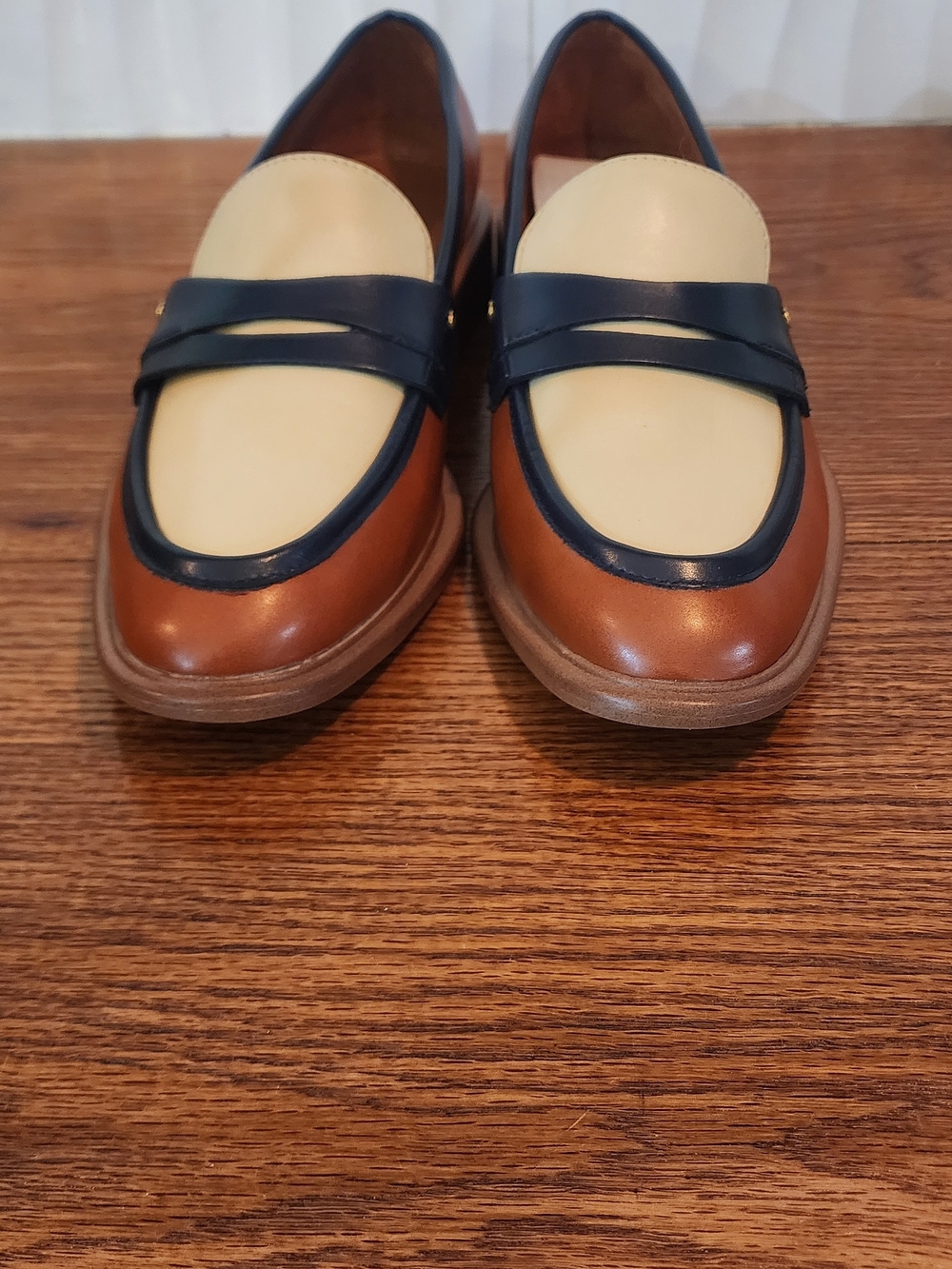 Franco Sarto Penny Loafers - Cream, Navy & Tabacco Brown
